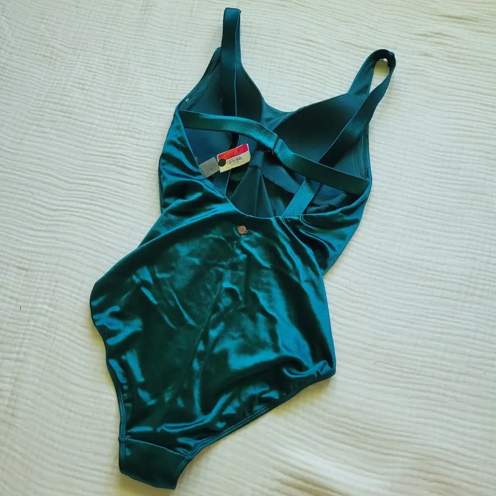 NWT Sz 8 Calia Emerald Green Satin Bathing Suit Swimsuit One Piece Strappy